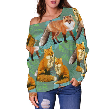 Fox Autumn leaves Themed Off Shoulder Sweatshirt