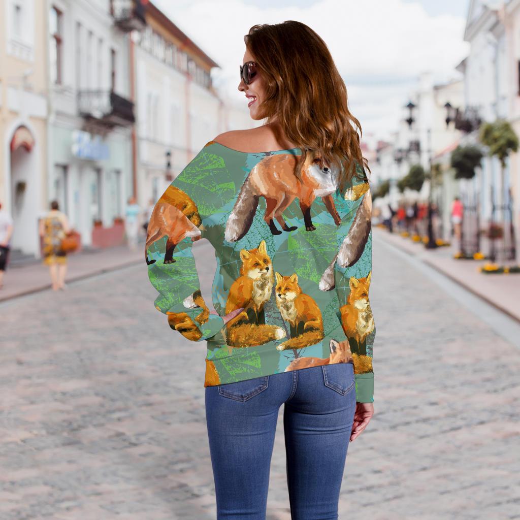 Fox Autumn leaves Themed Off Shoulder Sweatshirt