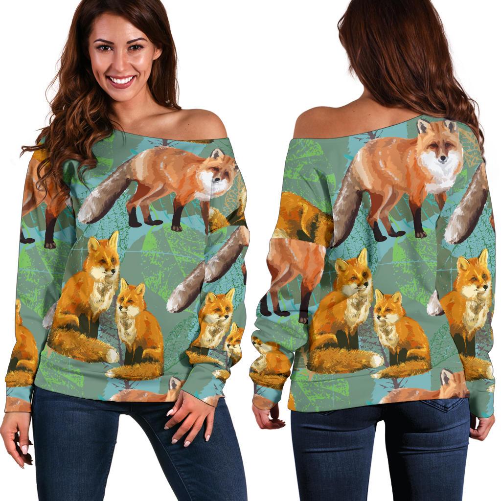 Fox Autumn leaves Themed Off Shoulder Sweatshirt