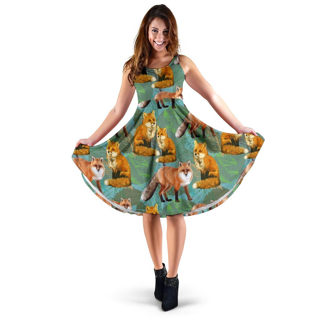 Fox Autumn leaves Themed Sleeveless Dress
