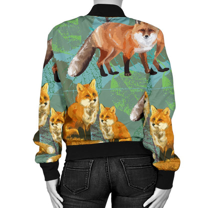 Fox Autumn Leaves Themed Women Casual Bomber Jacket