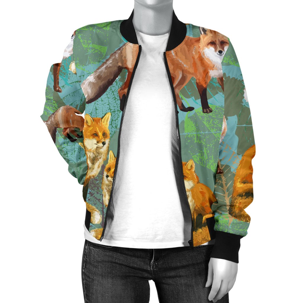 Fox Autumn Leaves Themed Women Casual Bomber Jacket