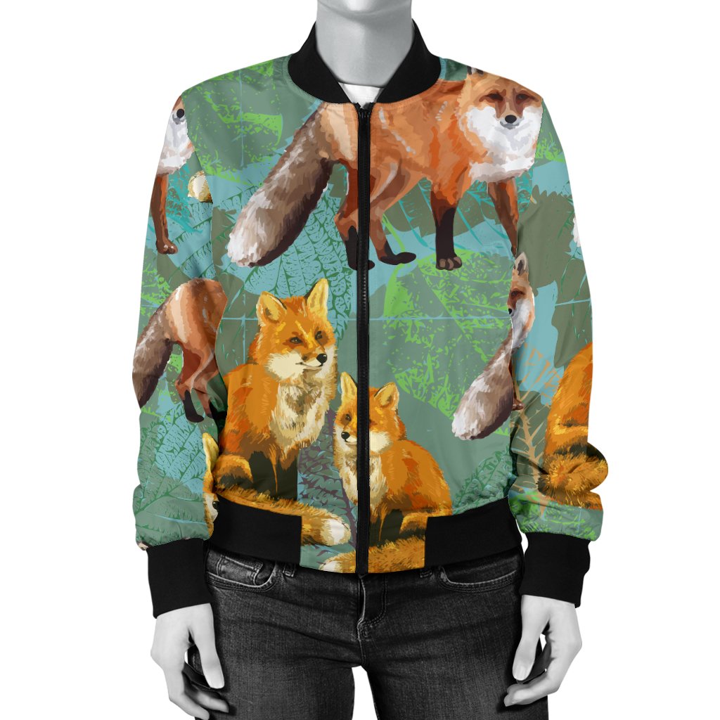 Fox Autumn Leaves Themed Women Casual Bomber Jacket