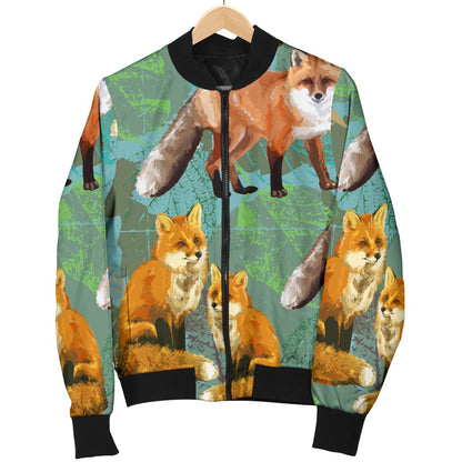 Fox Autumn Leaves Themed Women Casual Bomber Jacket