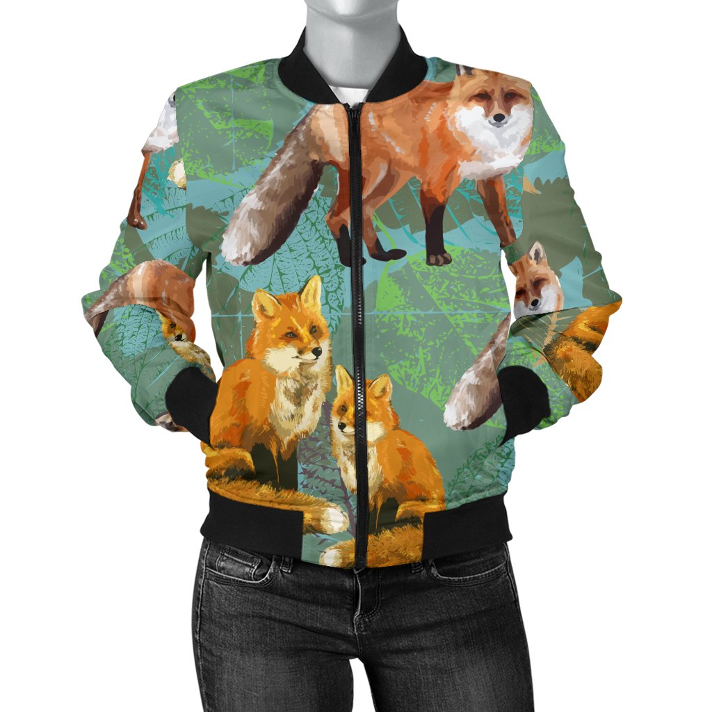 Fox Autumn Leaves Themed Women Casual Bomber Jacket