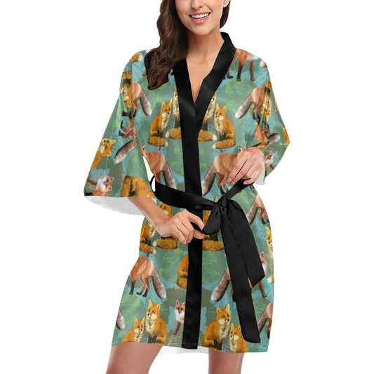 Fox Autumn leaves Themed Women Short Kimono Robe