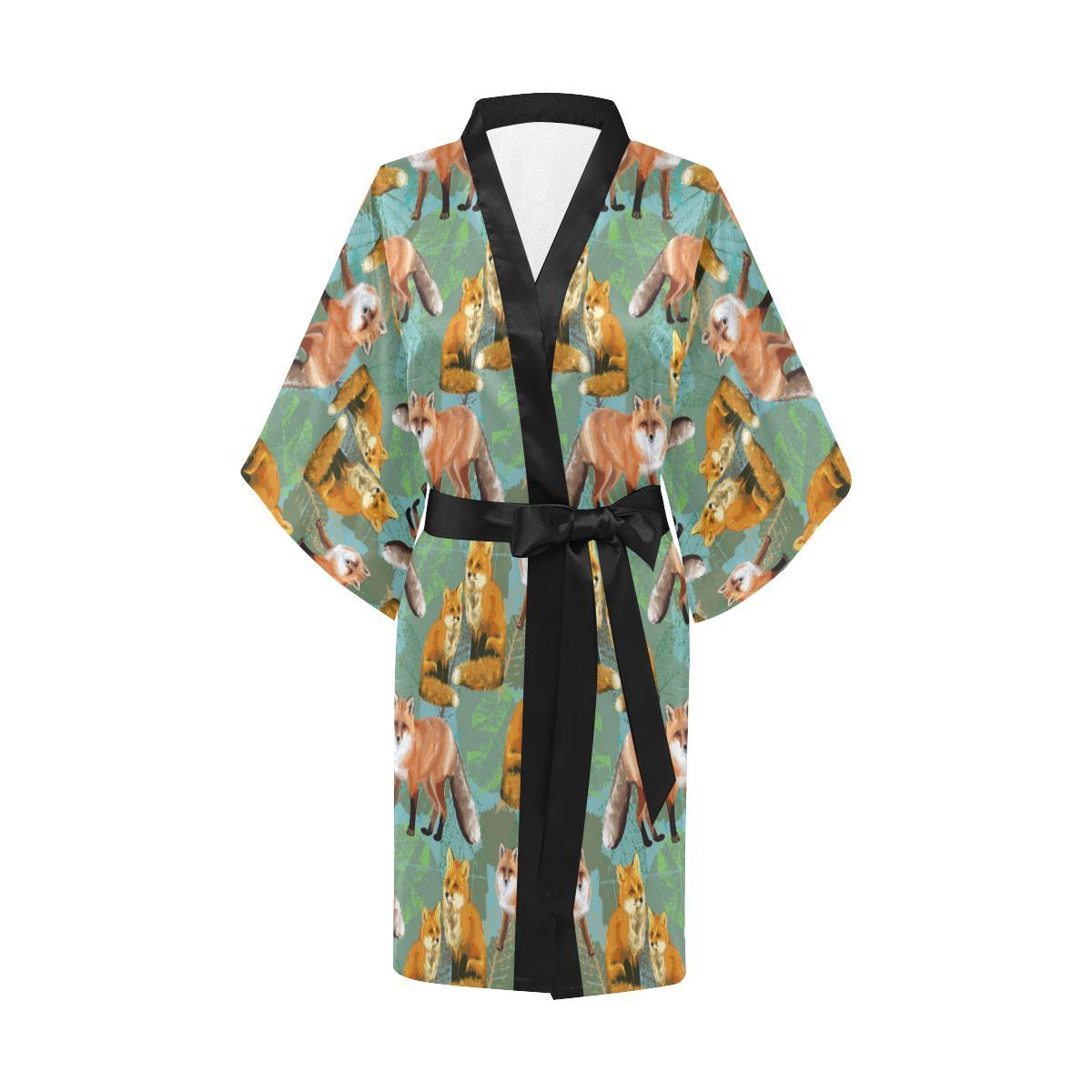Fox Autumn leaves Themed Women Short Kimono Robe