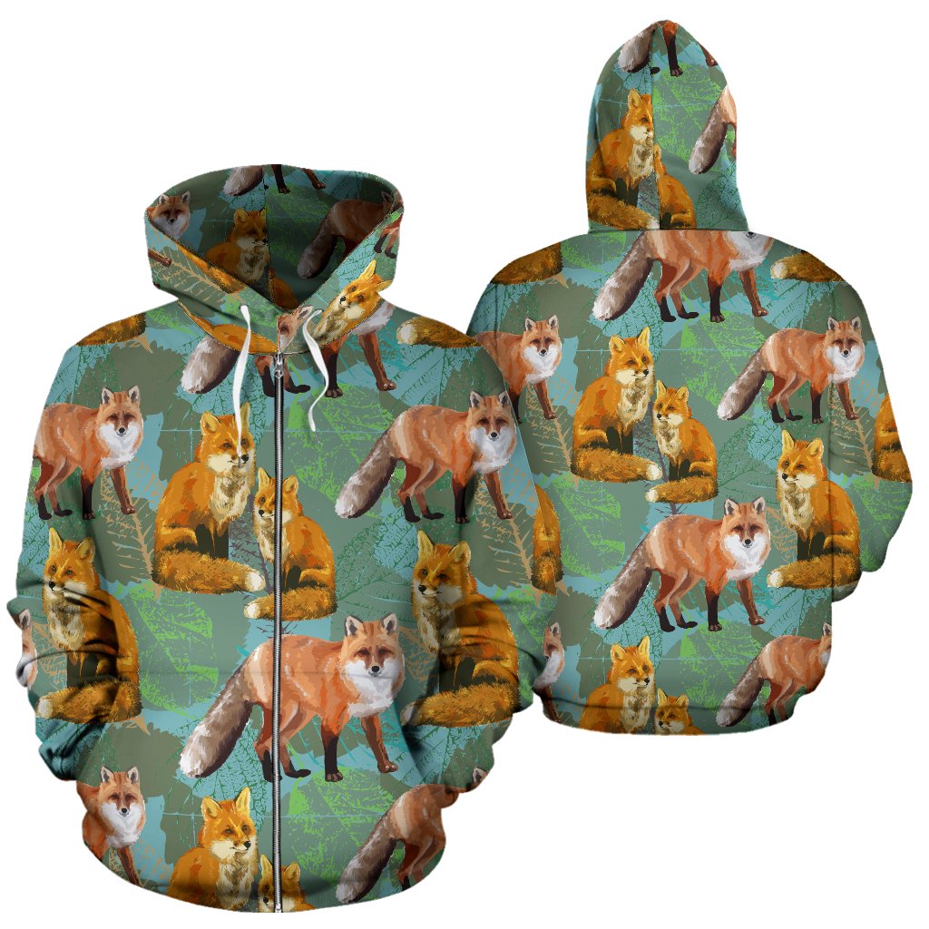 Fox Autumn Leaves Themed Zip Up Hoodie