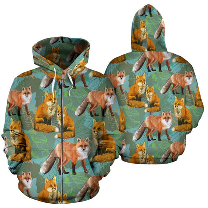 Fox Autumn Leaves Themed Zip Up Hoodie