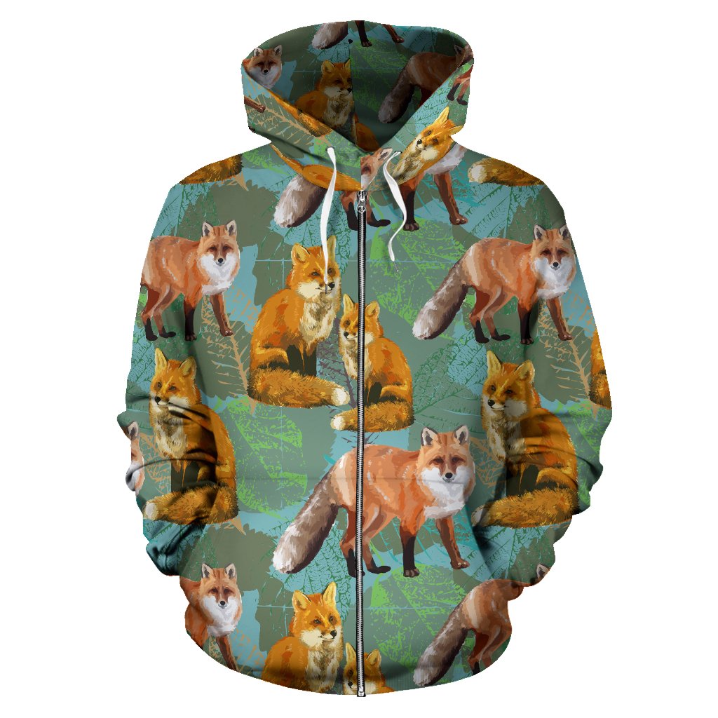 Fox Autumn Leaves Themed Zip Up Hoodie