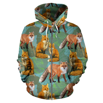 Fox Autumn Leaves Themed Zip Up Hoodie
