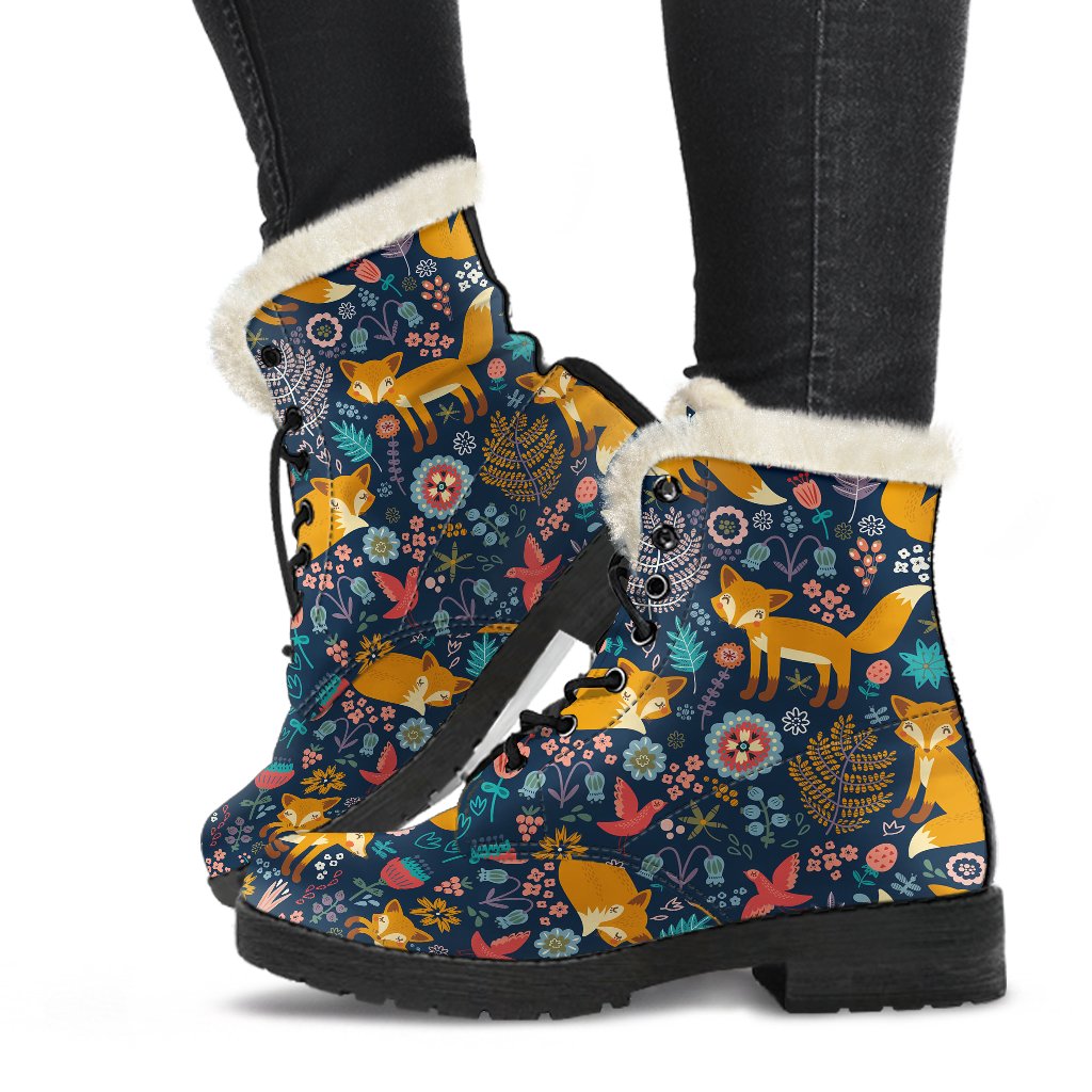 Fox Cute Jungle Print Pattern Faux Fur Leather Boots-JTAMIGO.COM