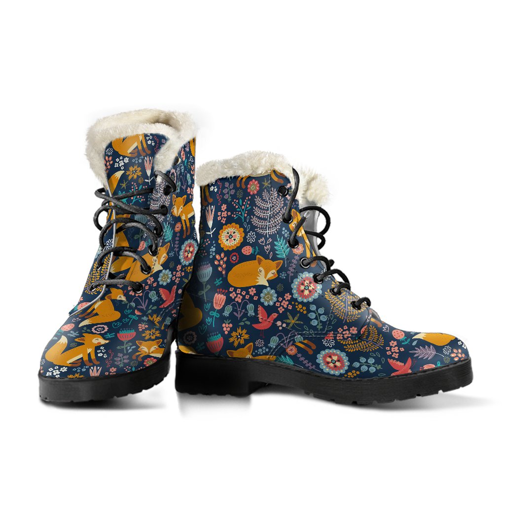 Fox Cute Jungle Print Pattern Faux Fur Leather Boots-JTAMIGO.COM