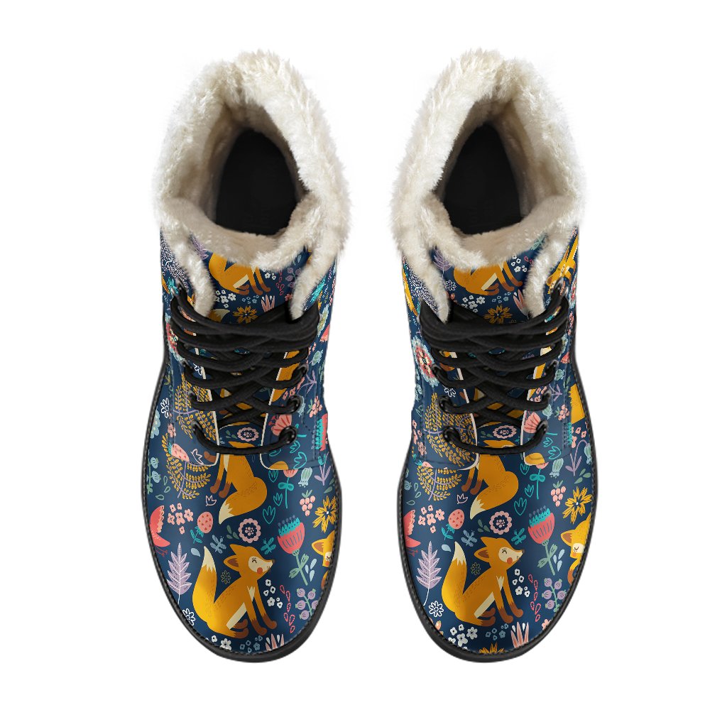 Fox Cute Jungle Print Pattern Faux Fur Leather Boots-JTAMIGO.COM