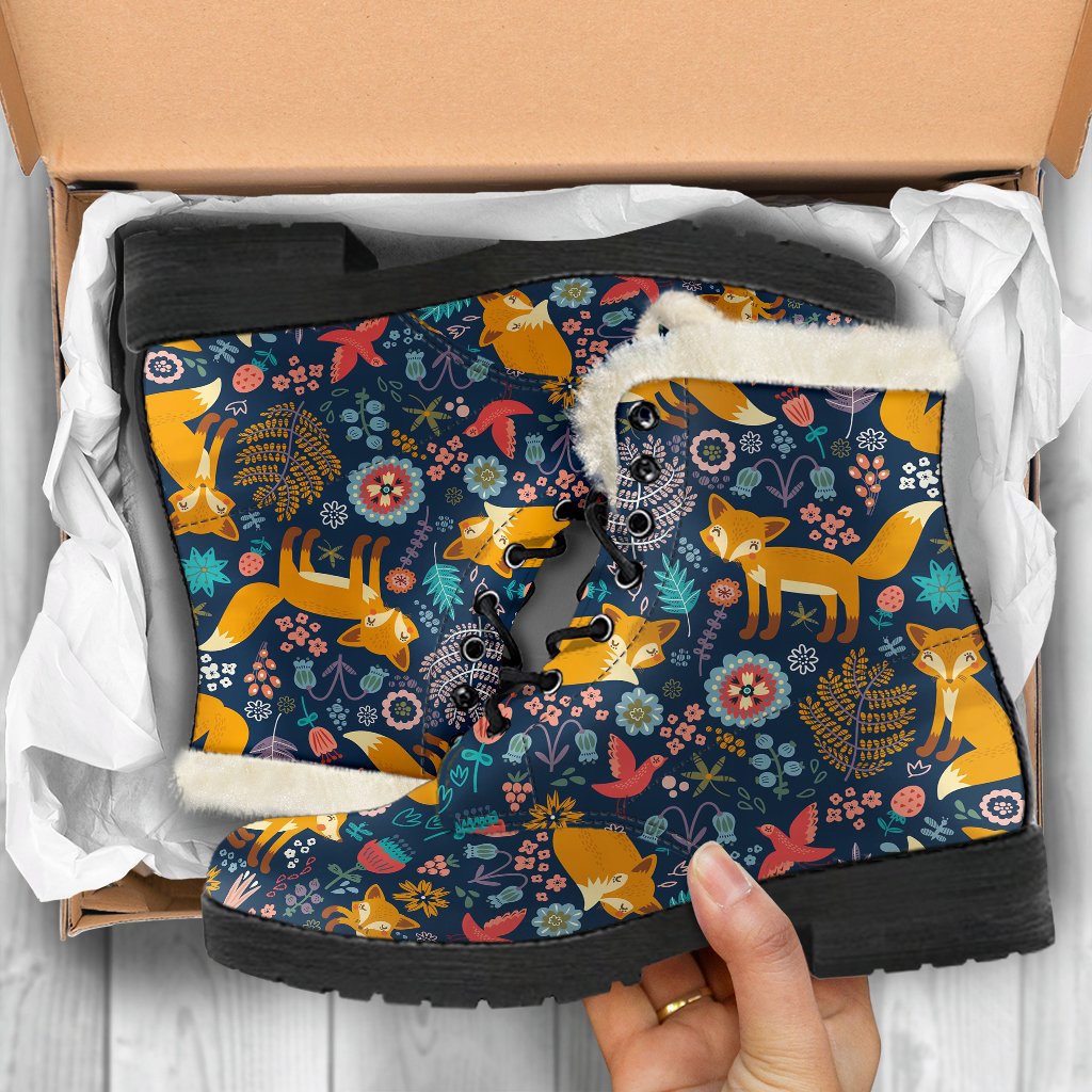Fox Cute Jungle Print Pattern Faux Fur Leather Boots-JTAMIGO.COM