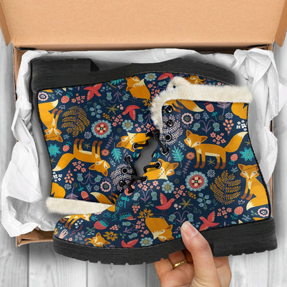 Fox Cute Jungle Print Pattern Faux Fur Leather Boots-JTAMIGO.COM