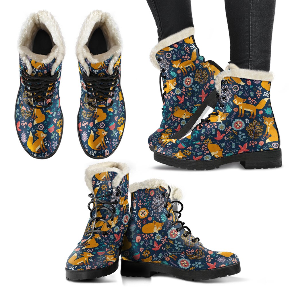 Fox Cute Jungle Print Pattern Faux Fur Leather Boots-JTAMIGO.COM