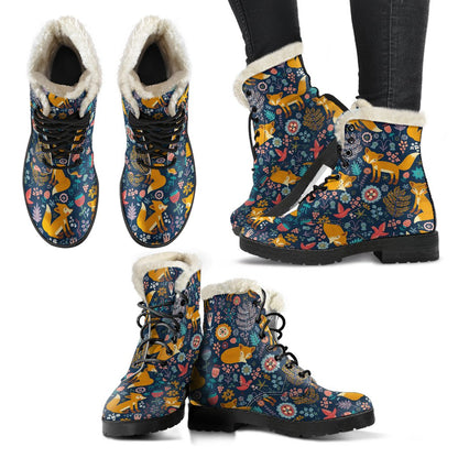 Fox Cute Jungle Print Pattern Faux Fur Leather Boots-JTAMIGO.COM