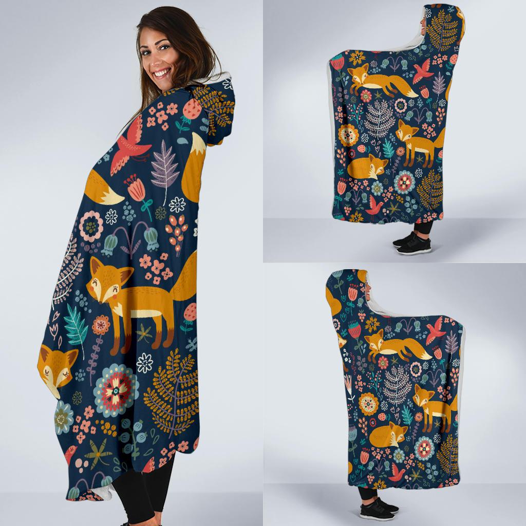 Fox Cute Jungle Print Pattern Hooded Blanket-JTAMIGO.COM