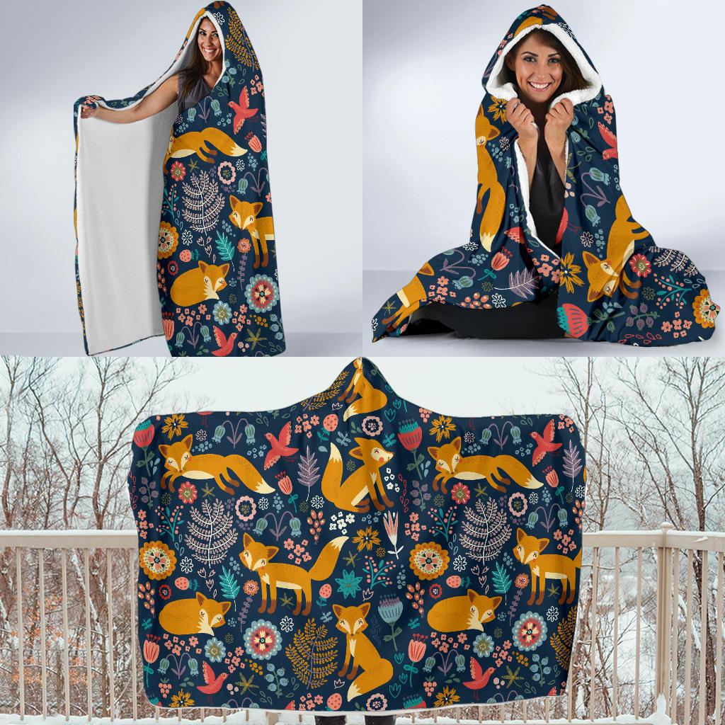 Fox Cute Jungle Print Pattern Hooded Blanket-JTAMIGO.COM