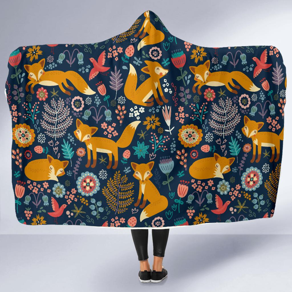 Fox Cute Jungle Print Pattern Hooded Blanket-JTAMIGO.COM