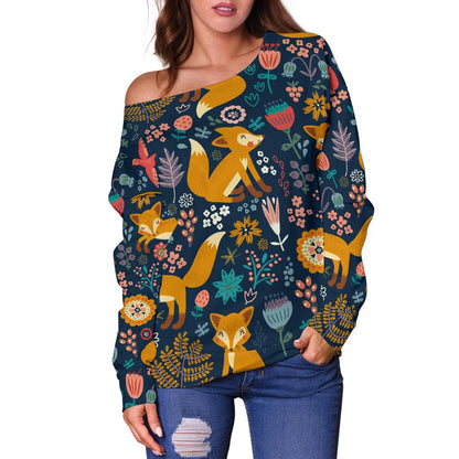 Fox Cute Jungle Print Pattern Off Shoulder Sweatshirt