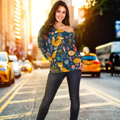 Fox Cute Jungle Print Pattern Off Shoulder Sweatshirt