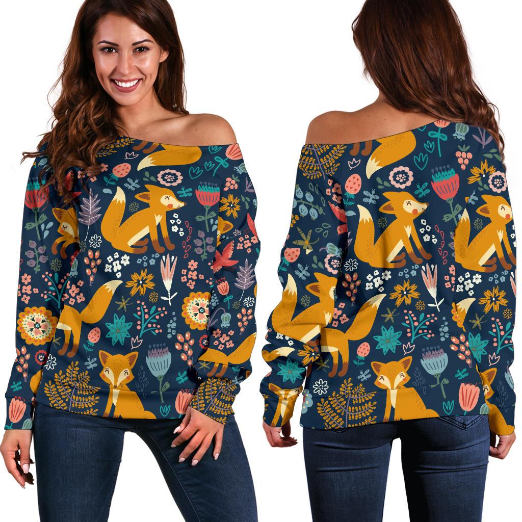 Fox Cute Jungle Print Pattern Off Shoulder Sweatshirt