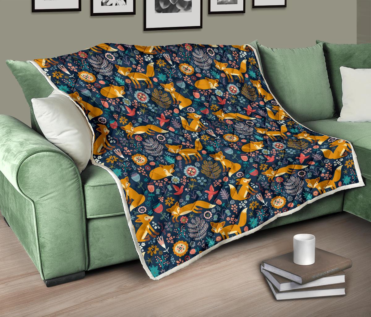 Fox Cute Jungle Print Pattern Premium Quilt-JTAMIGO.COM