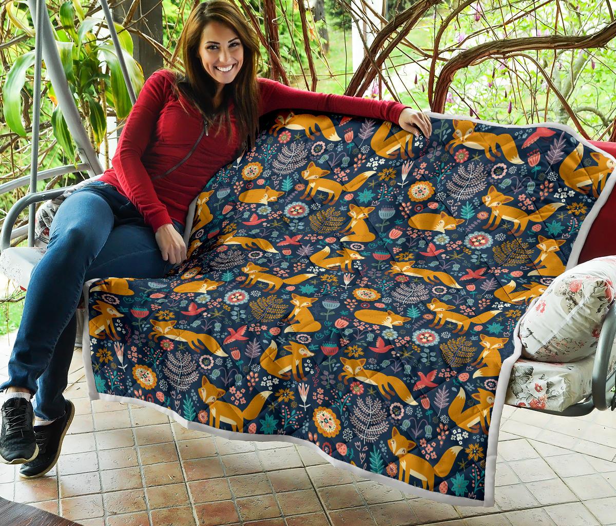 Fox Cute Jungle Print Pattern Premium Quilt-JTAMIGO.COM