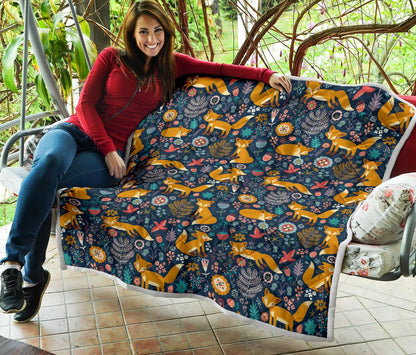 Fox Cute Jungle Print Pattern Premium Quilt-JTAMIGO.COM