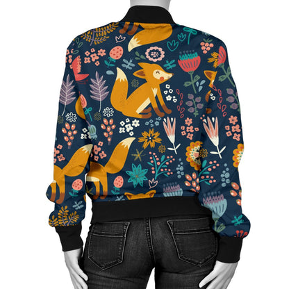Fox Cute Jungle Print Pattern Women Casual Bomber Jacket