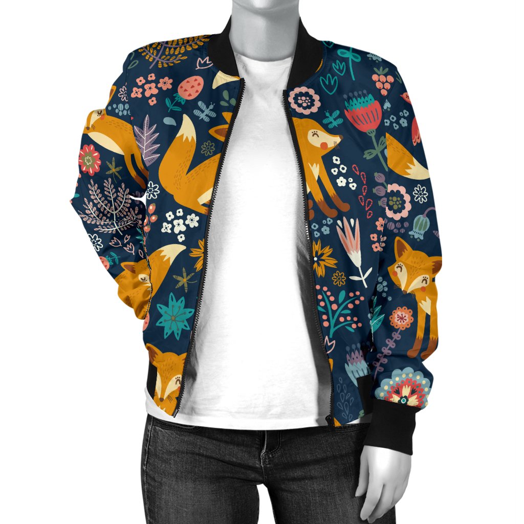 Fox Cute Jungle Print Pattern Women Casual Bomber Jacket