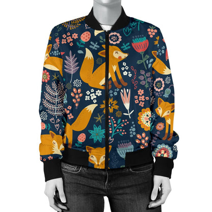Fox Cute Jungle Print Pattern Women Casual Bomber Jacket