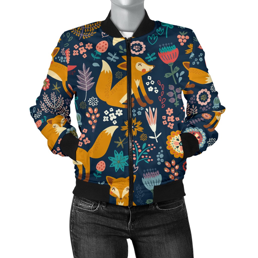 Fox Cute Jungle Print Pattern Women Casual Bomber Jacket