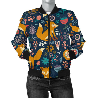Fox Cute Jungle Print Pattern Women Casual Bomber Jacket