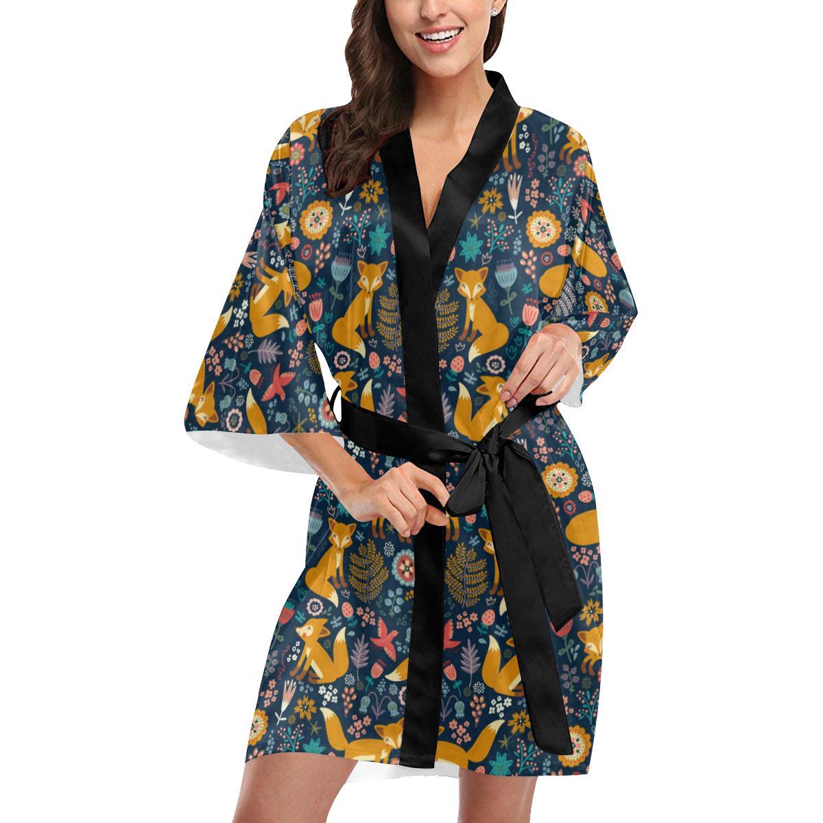 Fox Cute Jungle Print Pattern Women Short Kimono Robe