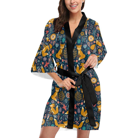 Fox Cute Jungle Print Pattern Women Short Kimono Robe
