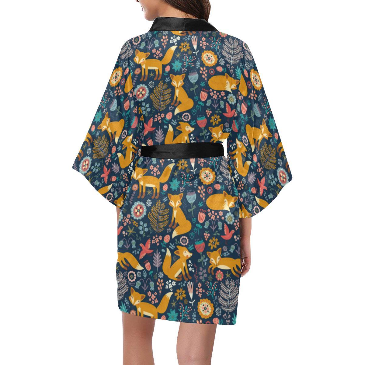Fox Cute Jungle Print Pattern Women Short Kimono Robe