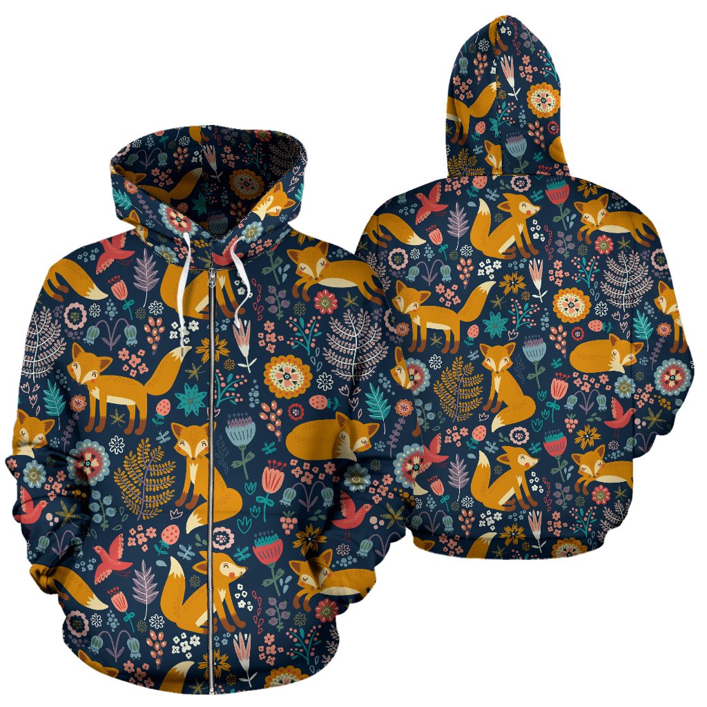 Fox Cute Jungle Print Pattern Zip Up Hoodie