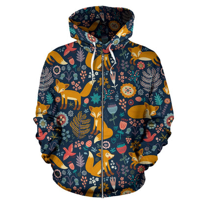 Fox Cute Jungle Print Pattern Zip Up Hoodie