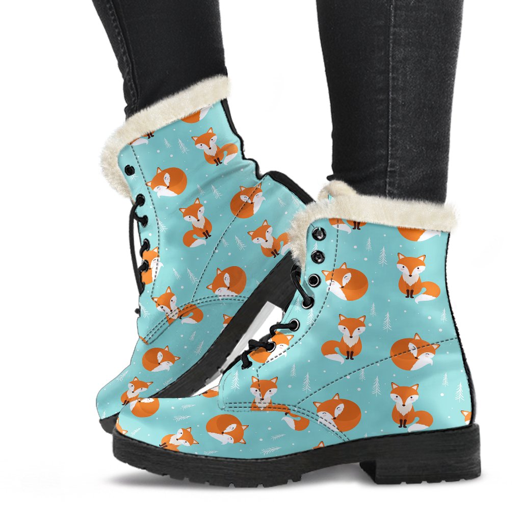 Fox Design Snow Print Pattern Faux Fur Leather Boots-JTAMIGO.COM