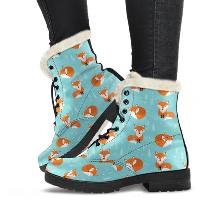 Fox Design Snow Print Pattern Faux Fur Leather Boots-JTAMIGO.COM