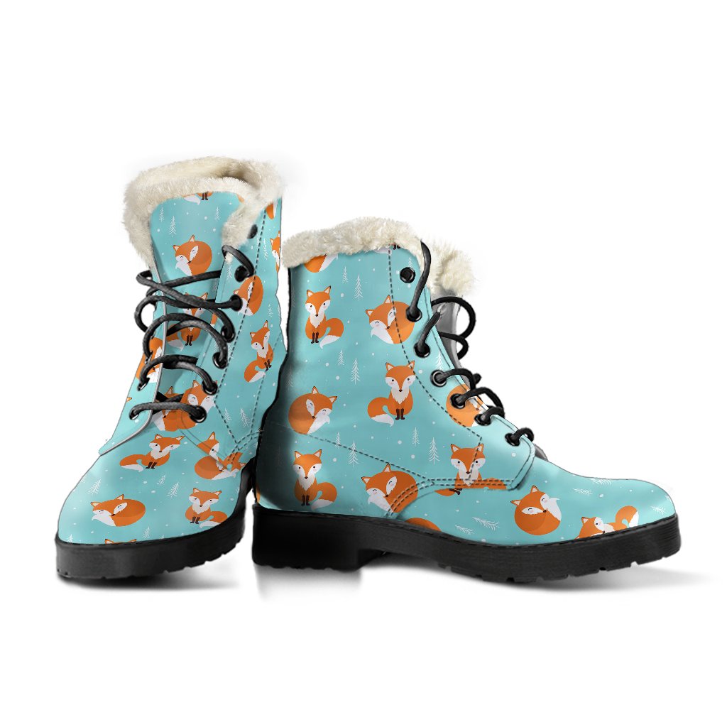 Fox Design Snow Print Pattern Faux Fur Leather Boots-JTAMIGO.COM