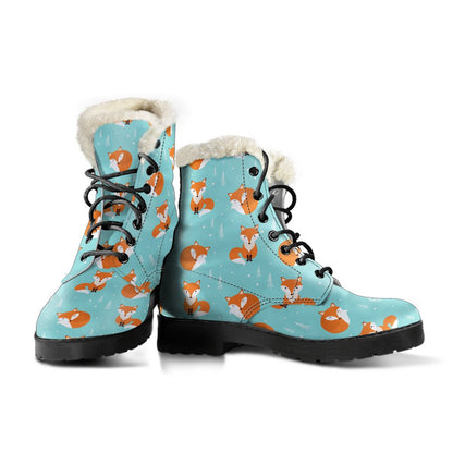 Fox Design Snow Print Pattern Faux Fur Leather Boots-JTAMIGO.COM