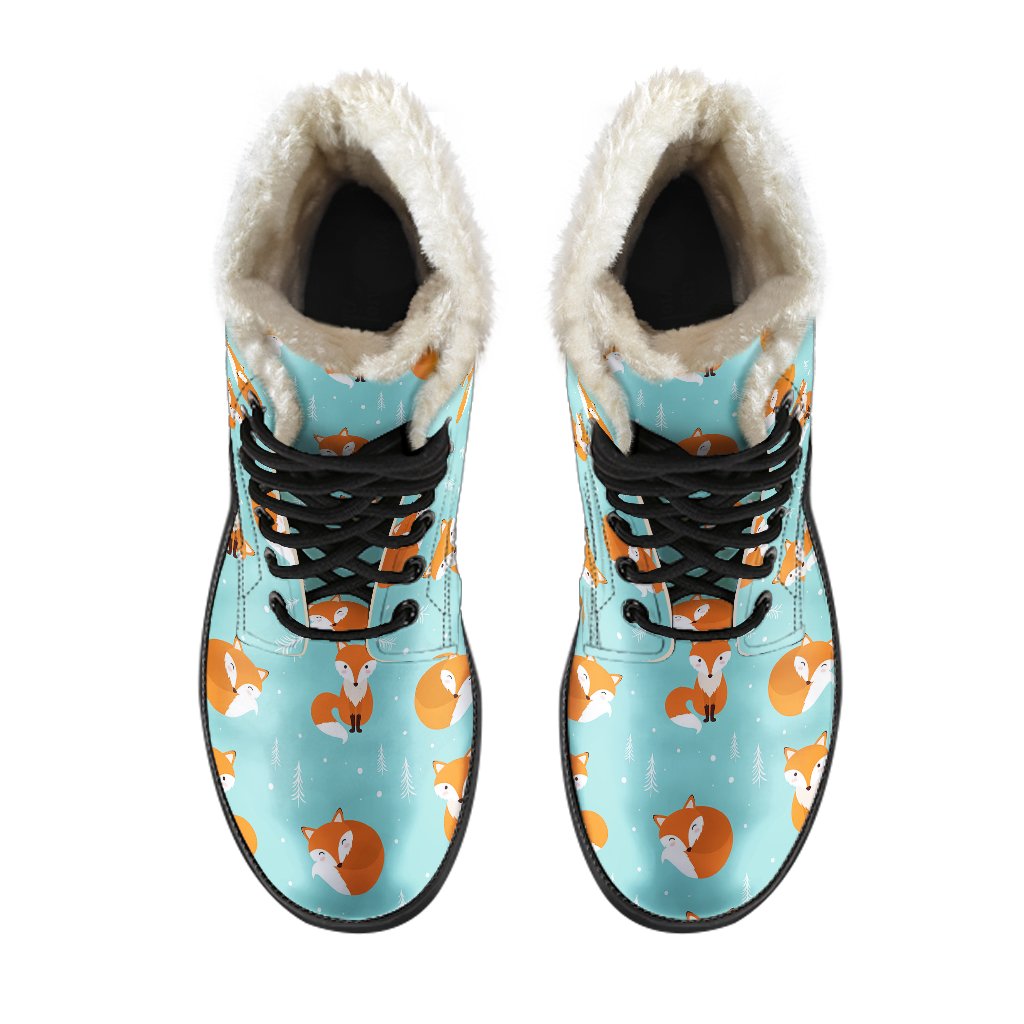 Fox Design Snow Print Pattern Faux Fur Leather Boots-JTAMIGO.COM