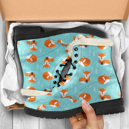 Fox Design Snow Print Pattern Faux Fur Leather Boots-JTAMIGO.COM