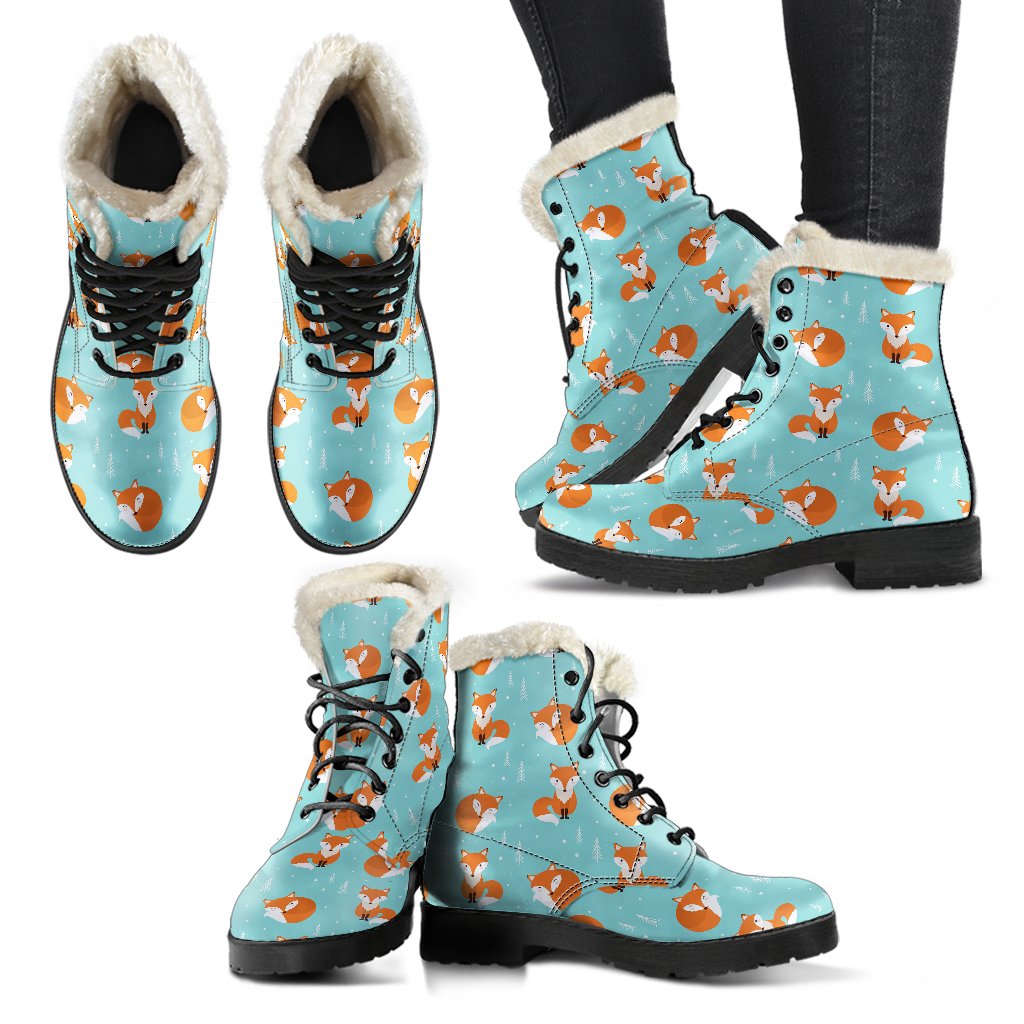 Fox Design Snow Print Pattern Faux Fur Leather Boots-JTAMIGO.COM