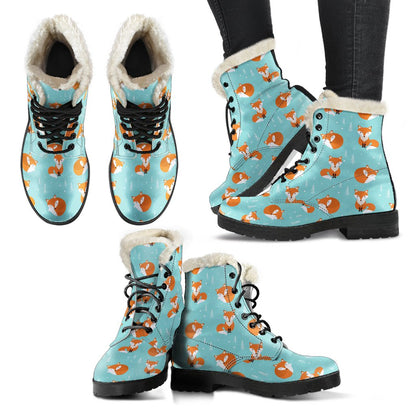 Fox Design Snow Print Pattern Faux Fur Leather Boots-JTAMIGO.COM