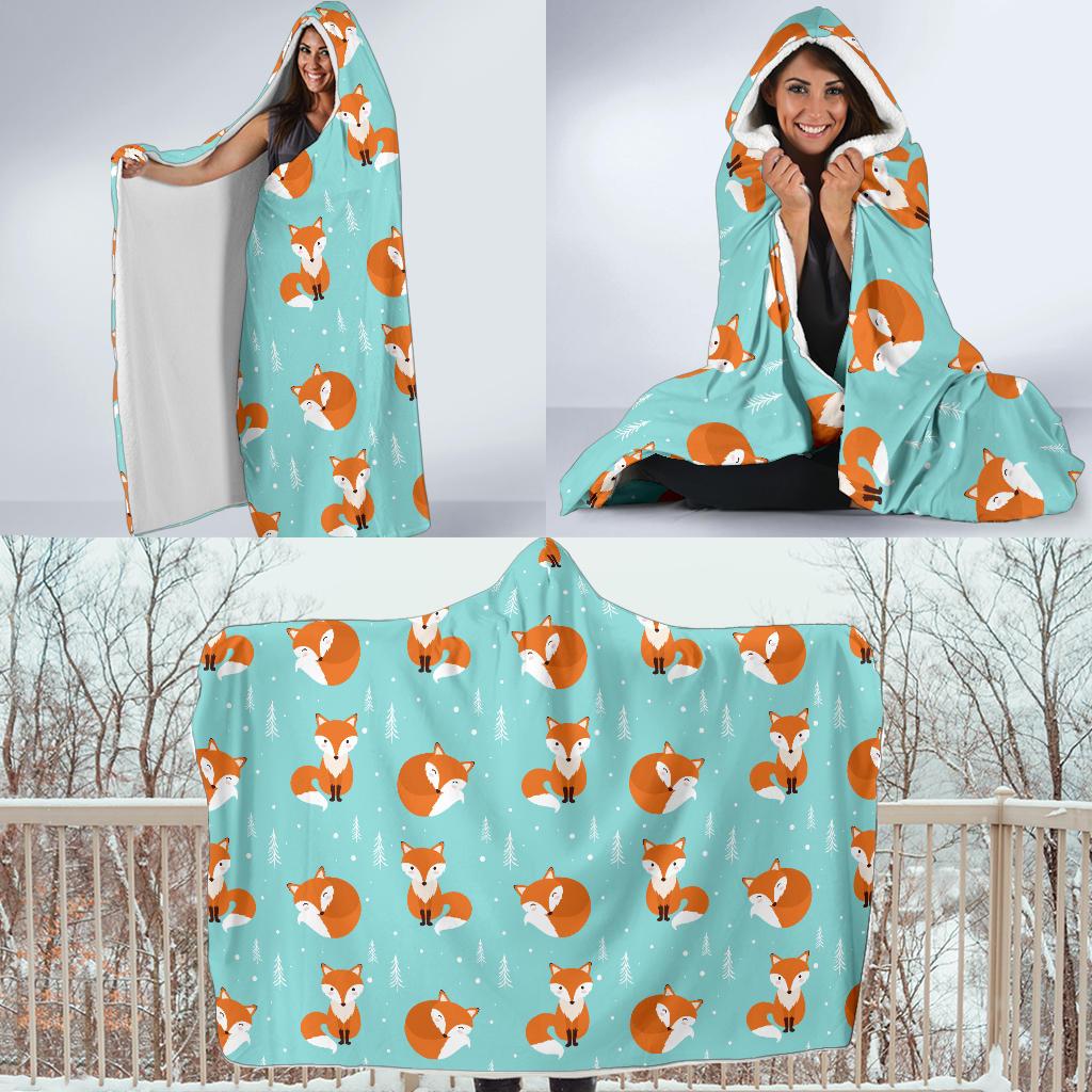 Fox Design Snow Print Pattern Hooded Blanket-JTAMIGO.COM